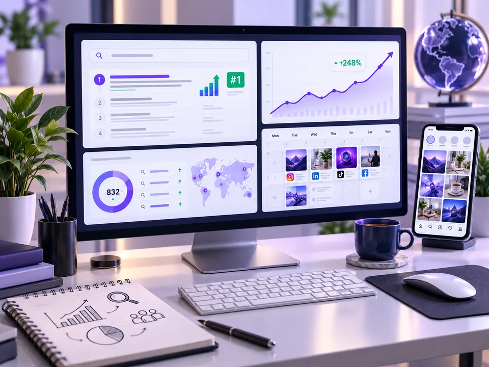 Tableau de bord SEO, statistiques de trafic et réseaux sociaux